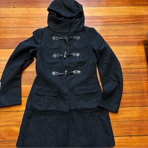 United Colors of Benetton Black Wool Coat. Sz 38 toggle buttons